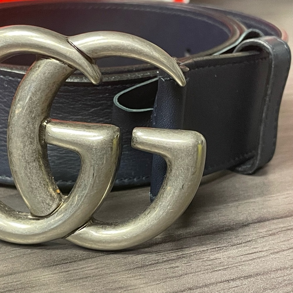 Gucci Double GG Mormont Navy Blue Belt with Silver hardware